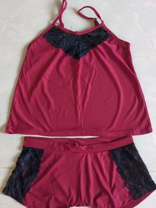 Burgundy Lace Trim Sleep Set