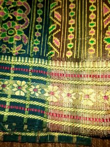 Teal Saree with Gold Print ,without blouse.
