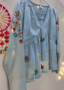 Embroidered Blue V-Neck Peplum Top