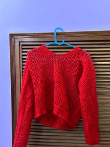 Chic Red Crochet Knit Sweater