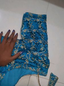 Customized V Neck  Sky Blue Net satin Kurti
