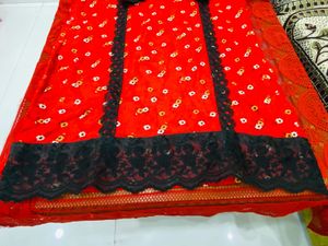 Red Printed Kurta with Black Bottom