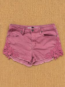 Pink High-Rise Lace Trim Denim Shorts | Size 28
