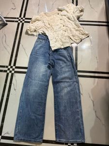 Cream Textured Puff Sleeve Top & Wide Leg Jeans