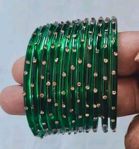 Elegant Green Glass Bangles with Gold Dots