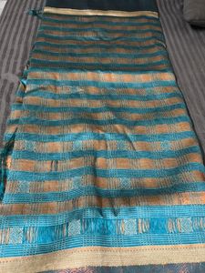 Elegant Blue &amp; Gold Checked Saree