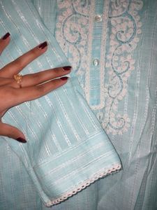 Sea Emerald Blue Colour Embroidery Kurti