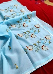 Sky Blue Embroidered Cotton Saree 🌸💙