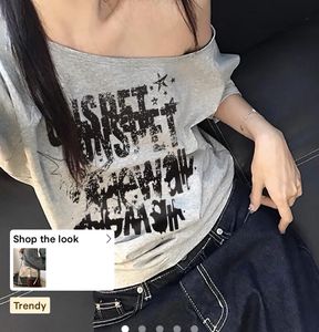 Grey Graphic Print Off-Shoulder Top