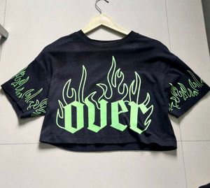 Black Cropped T-Shirt with Neon Flames