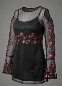 Embroidered Cold Shoulder Mesh Top