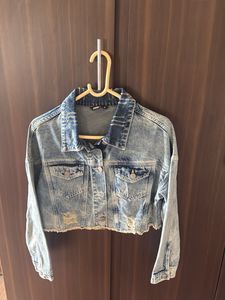 Cropped Denim Jacket with Distressed Details
