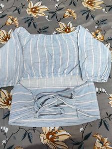 Light Blue Striped Off-Shoulder Top