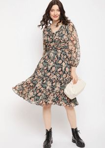 Floral Print Sheer V-Neck Midi Dress