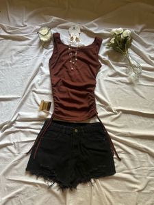 Ribbed Ruched Tank Top & Distressed Shorts