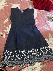 Denim Dress with Floral Embroidery