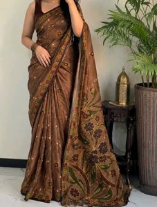 Brown Floral Print Saree – New Condition
