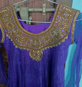 Purple Embroidered Anarkali Kurta With Dupatta