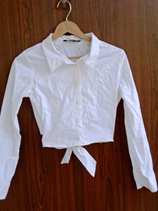 White Cropped Tie-Front Shirt
