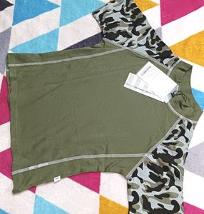 Girls Olive Green And Brown Solid Cotton Tshirt