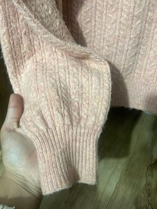 Pink Knit Cardigan with Lace Detail