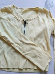 lemon yellow Ribbed Zip Neck Top