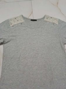Grey Lace Embellished T-Shirt