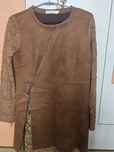 Brown Lace Sleeve Mini Dress