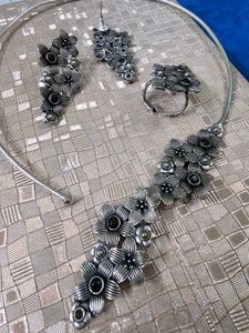 Oxidised Silver Jhumka &amp; Necklace Set