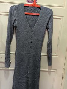 Grey Ribbed Button-Up Cardigan Dress