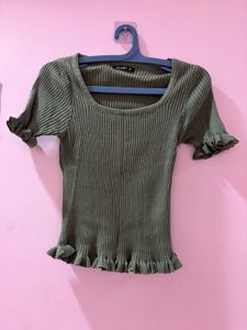 Ribbed Lettuce Trim Square Neck Top