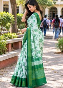 Elegant White &amp; Green Floral Saree