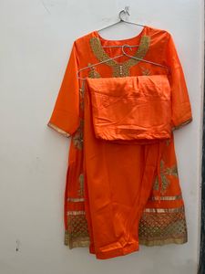 Bright Orange cord set with Gold Embroidery