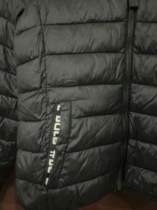 Black Puffer Jacket with Slogan Detail