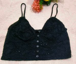 Black Lace Button-Up Crop Top