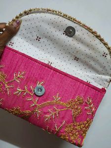 Pink Embroidered Clutch with Pearls
