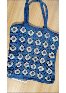 Crocheted Blue Floral Tote Bag