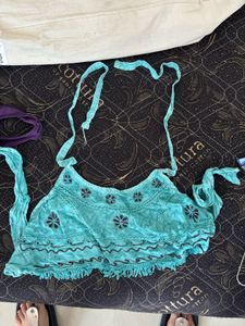 Boho Turquoise Embroidered Halter Top