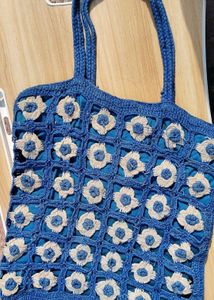 Crocheted Blue Floral Tote Bag