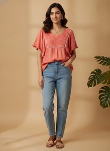 Embroidered Coral Top