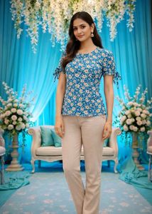 Chic Blue Floral Print Puff Sleeve Top