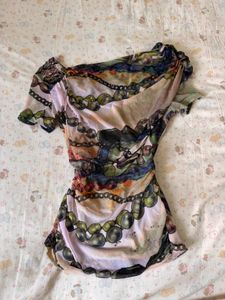 Sheer Printed Ruched one sided offshoulder top