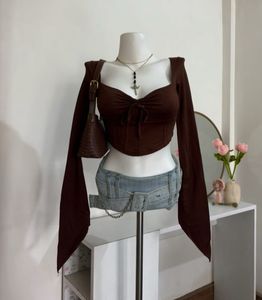 Chic Brown Corset Top with Bell Sleeves