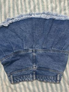 Denim Skirt with Pleats and Frayed Hem
