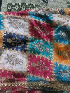 Vibrant Embroidered Sari with Golden Border