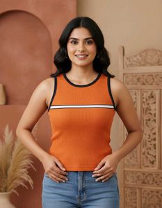 Orange Ribbed Tank Top with Stripes