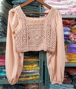 Peachy Crochet Puff full sleeve crop top
