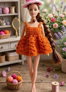 Handmade Crochet Orange Dress Doll Outfit
