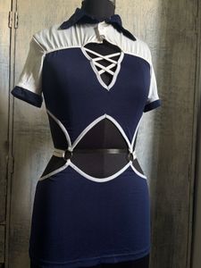 Navy Blue & White Cut-out Top
