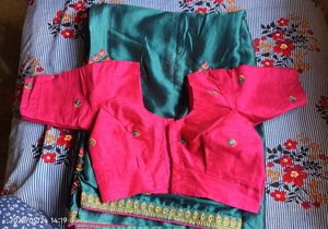 Teal &amp; Pink Embroidered Saree